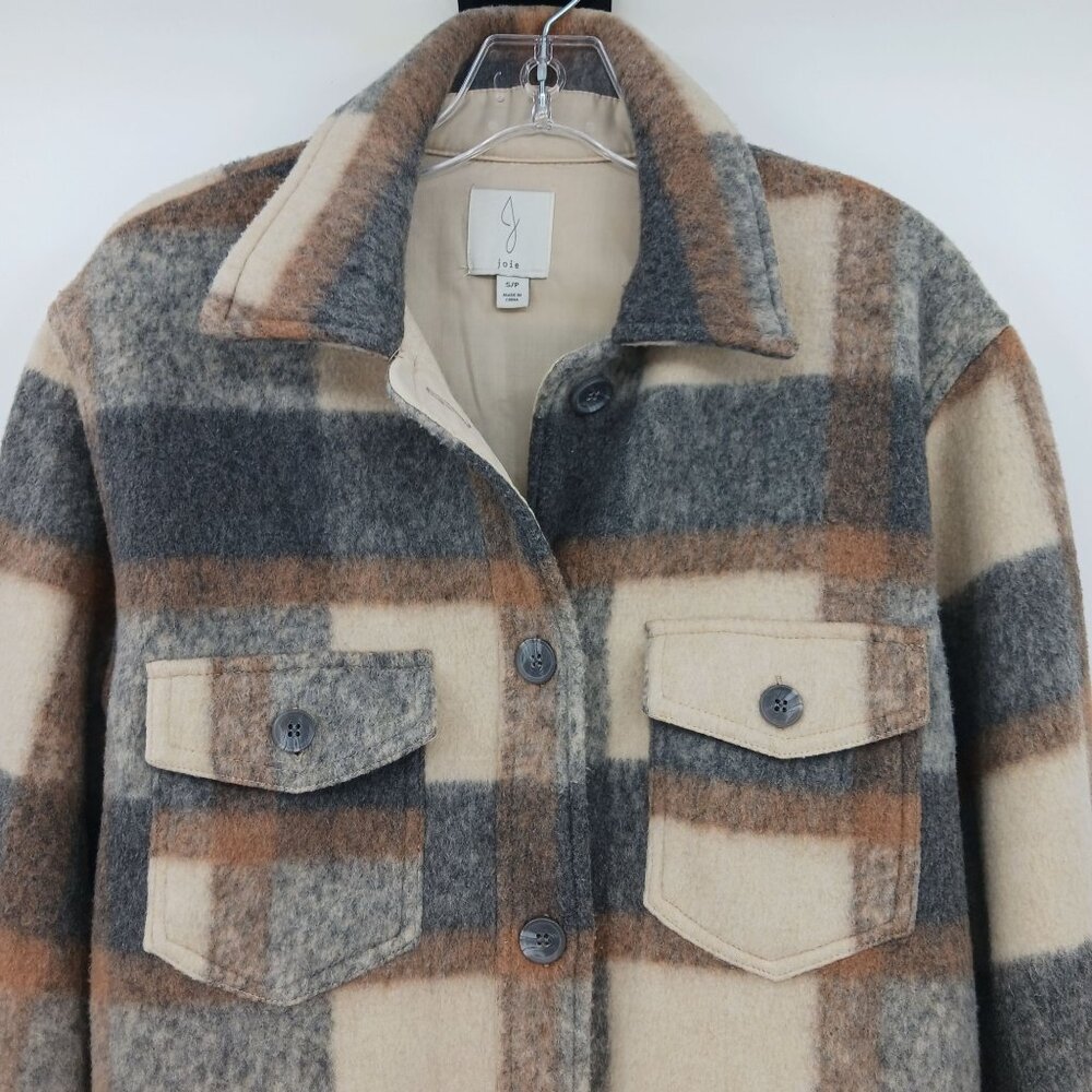 Joie Plaid Shacket Size Small Longline Gray Cream Tan Scandinavian Scandi Girl - Picture 3 of 9